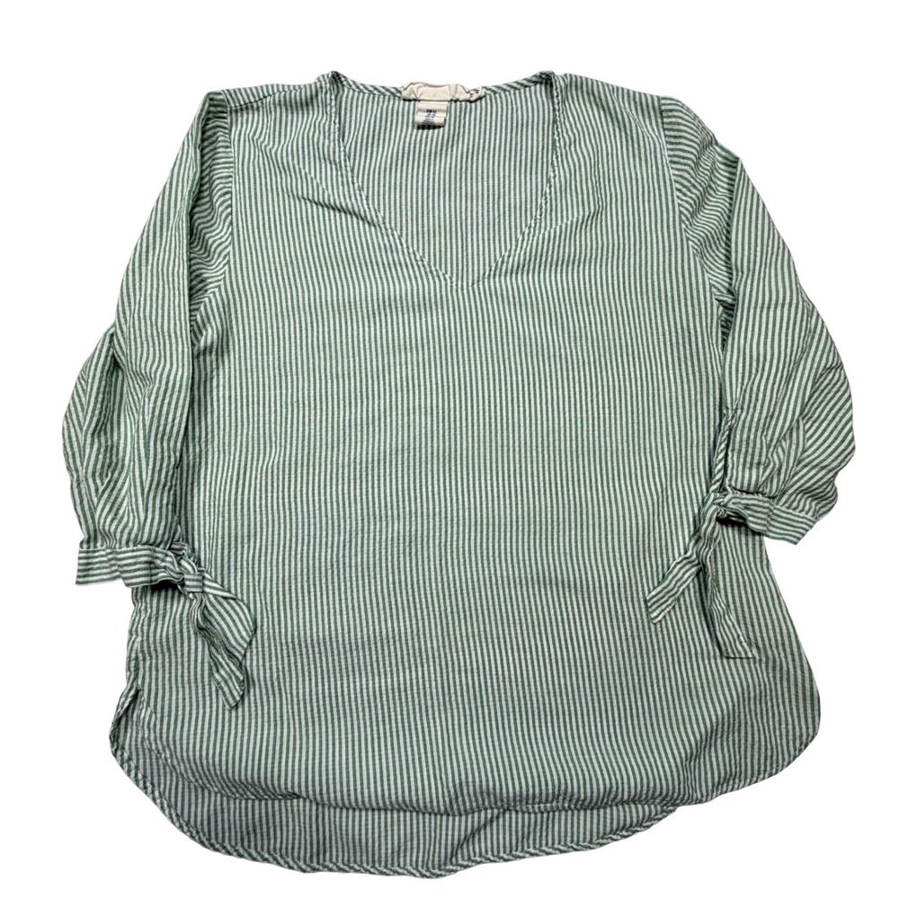 Green White Cotton Striped Tunic V-Neck Tie Sleeve Top Size 10 M Minimalist